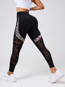 Easithlete 女士豹纹与几何网眼撞色休闲健身运动长裤 - 黑色 - 查看 2