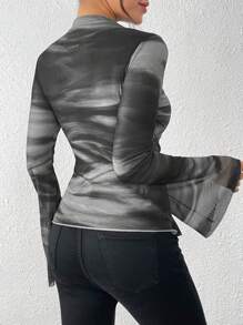 Chiquease Damen Herbst/Winter amerikanischer Vintage Batik-Mesh bedrucktes figurbetontes plissiertes Dekor Langarm Basis T-Shirt für Frühling Herbst Kleidung für Frauen