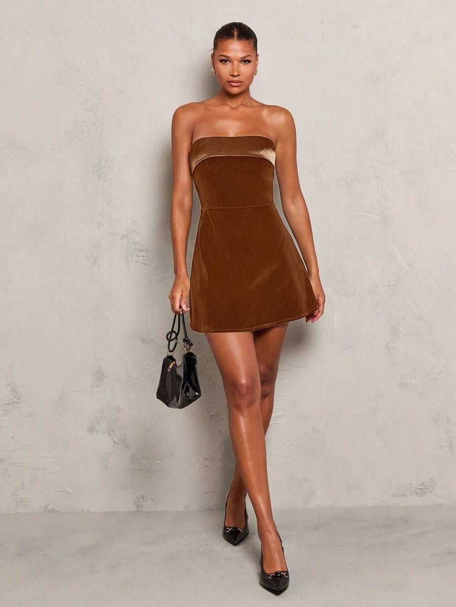 Glamine Women's Elegant Slim-Fit Straight-Neck Velvet Mini Dress, Warm For Holiday Party Clothes - Brown - View 1