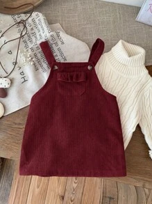 SHEIN LMoss Kids LMoss Baby Girl Cute Burgundy Corduroy Overall Dress