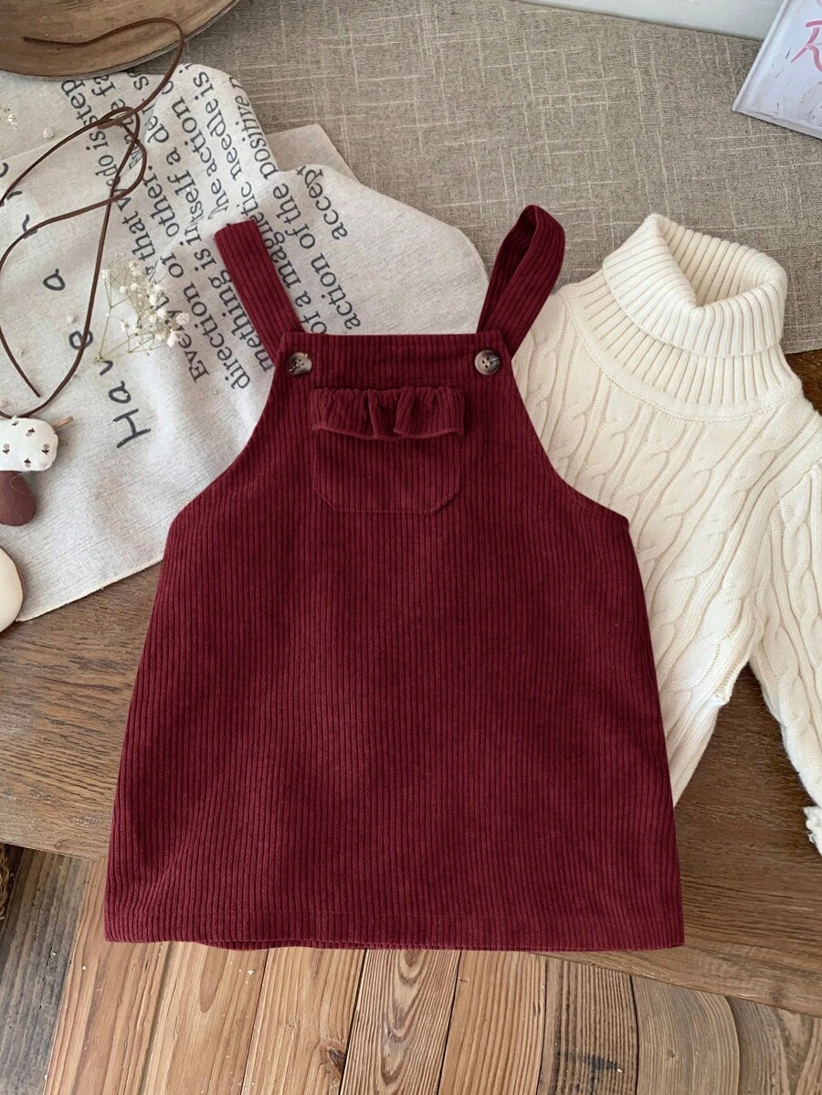SHEIN LMoss Kids LMoss Baby Girl Cute Burgundy Corduroy Overall Dress