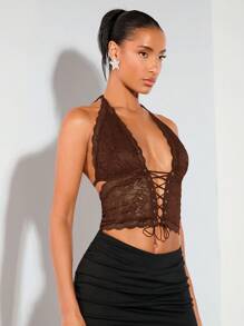 SHEIN BAE Sexy Lace Halter Crop Top , Country Concert Rave Festival Summer