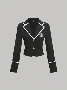 SHEIN MOD 粉色撞色边饰甜美复古学院风女式西装外套，秋冬 - 黑色 - 查看 1