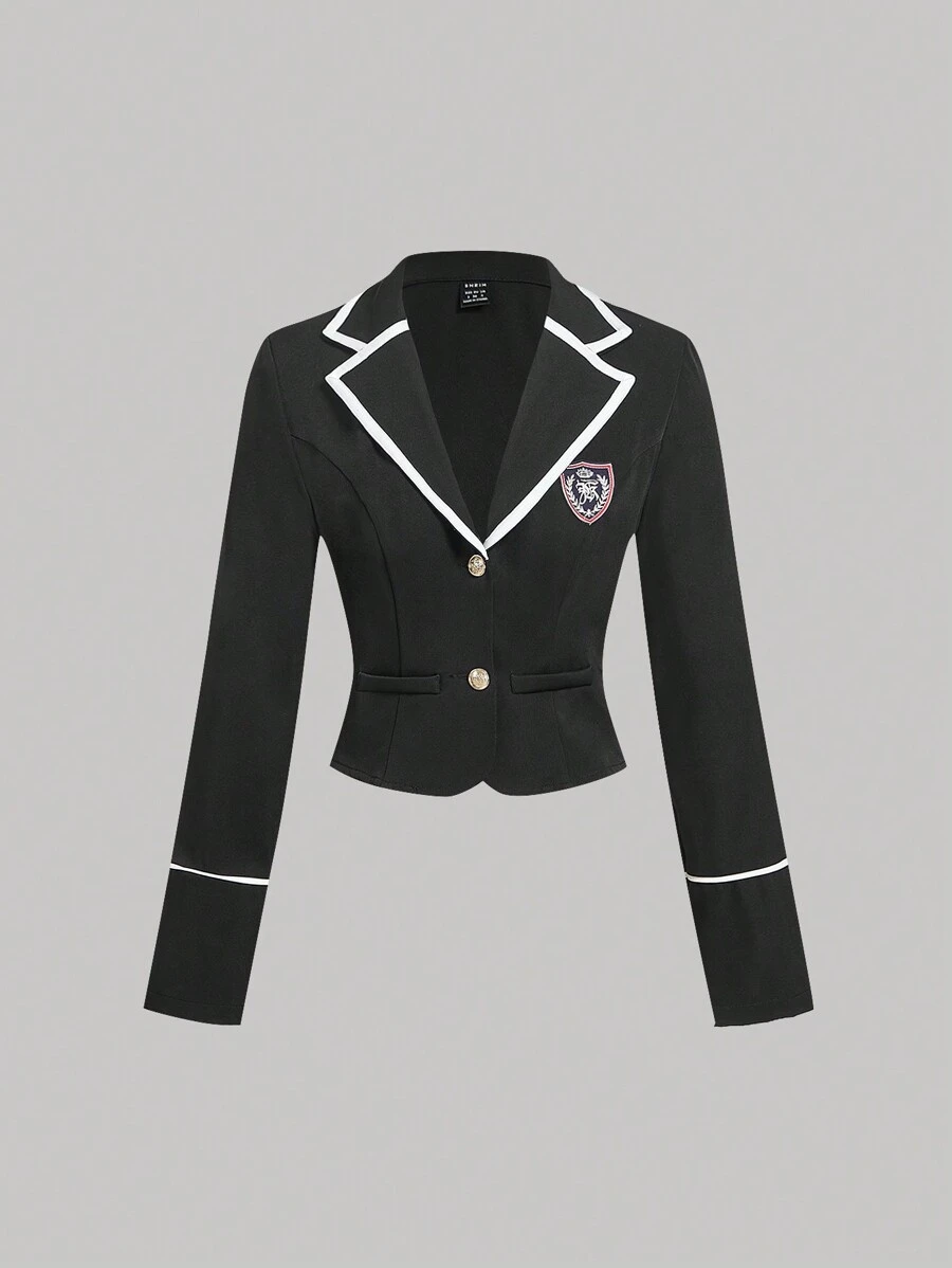 SHEIN MOD 粉色撞色边饰甜美复古学院风女式西装外套，秋冬 - 黑色 - 查看 1