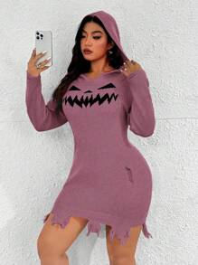 Flirla 大码图案印花连帽领休闲百搭长袖毛衣连衣裙，适合冬季