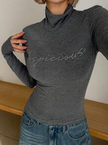 DAZY Women's High Neck Long Sleeve Studded T-Shirt,Fall Clothes - Grey - View 2