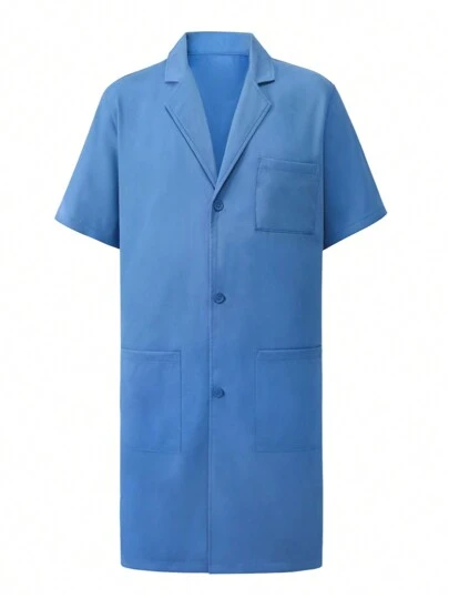 Manfinity Homme Men's Solid Color Front Button Pockets Short Sleeve Laboratory Uniform Jacket