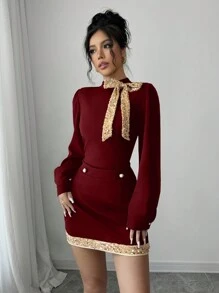 Elenzga 2 Stücke/Set Damen Herbst elegantes Langarm-Top & Rock Set mit Pailletten Verzierung