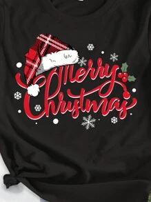 SHEIN EZwear Áo thun tay ngắn cổ tròn in chữ hình ông già Noel thoải mái, rộng rãi cho nữ, thích hợp cho mùa hè - màu đen - Xem 4