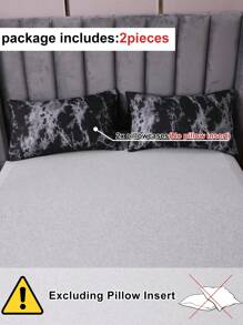 2 件装黑色大理石图案印花涤纶枕套，款式涤纶枕套 - 黑色 - 查看 4