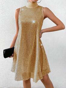 Allurite Fashionable Sequined Stand Collar Sleeveless Party Dress - Yellow - View 6