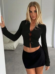 Aloruh Blusa corta de manga larga y unicolor con detalle de moño y abertura, de moda para el otoño