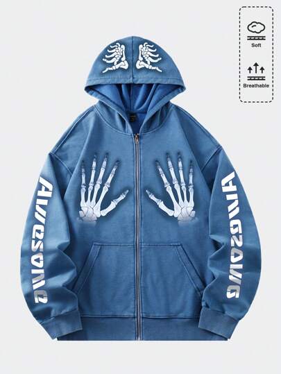 Street Life Men's Washed Skull & Letter Print Zip-Up Hoodie