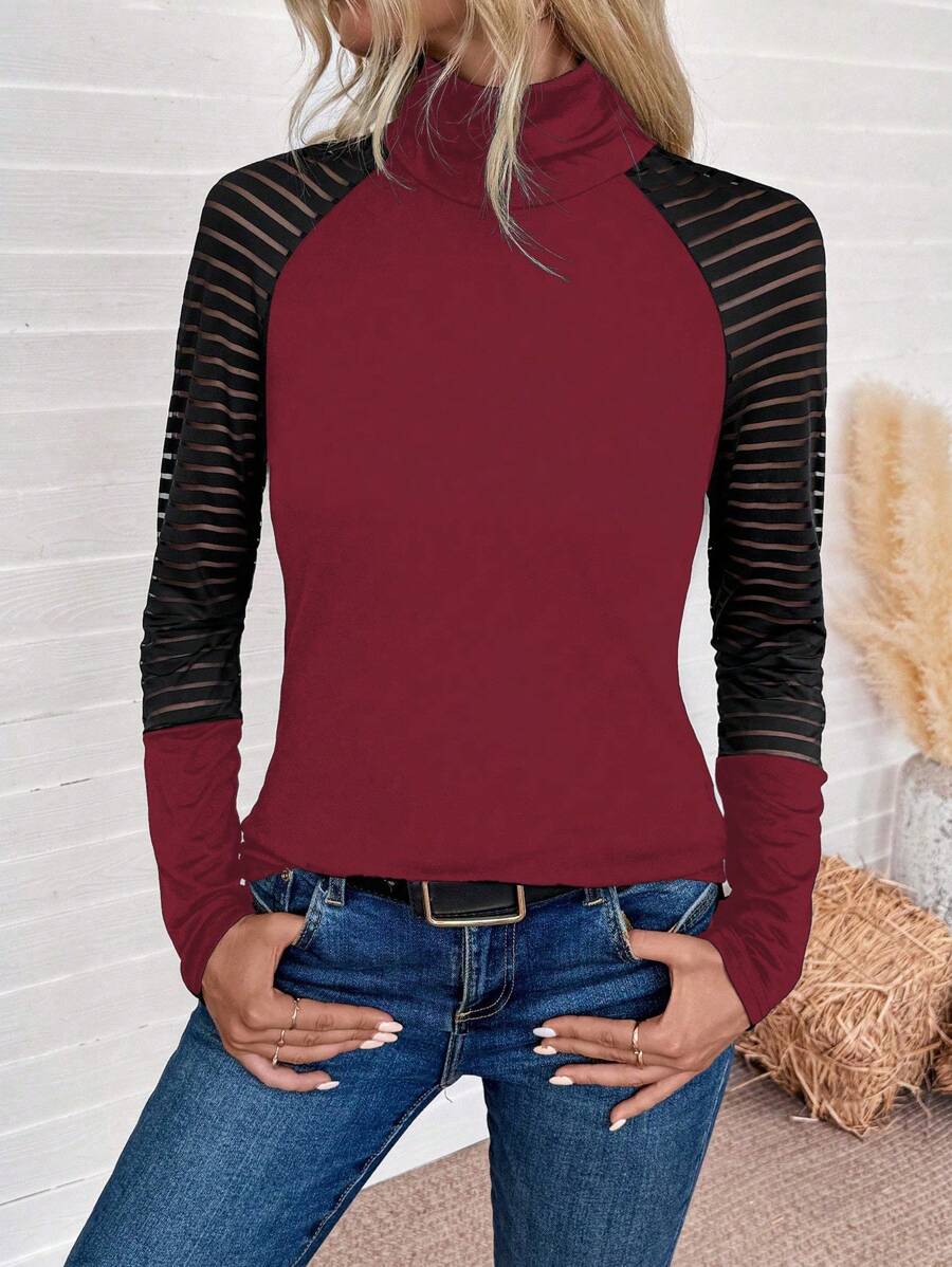 SHEIN LUNE Áo thun tay dài cổ cao họa tiết kẻ sọc lưới đơn giản dành cho nữ, quần áo mùa thu năm mới, áo thun họa tiết dành cho nữ mùa xuân - Đỏ - Xem 1