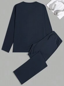 EURMUSE Men Game Letter Printed Regular Longsleeve & Pants Homewear Set - Navy Blue - View 3