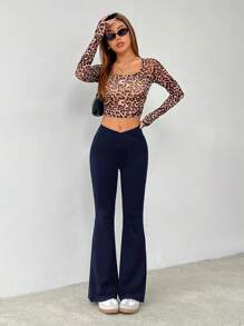 SHEIN PETITE Pantalones acampanados de cintura alta en unicolor simple