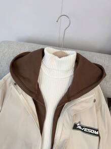 SHEIN Chaqueta ligera y cómoda de estilo universitario casual para adolescentes varones, práctica y versátil, con diseño a color por bloques con estampado de letras lindo, apropiada para uso diario, escuela, salidas y deportes en otoño e invierno