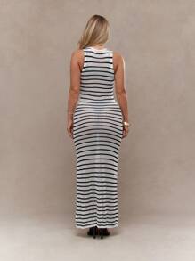 MISSGUIDED Crochet Knit Stripes Sleeveless Maxi Dress Winter Wear - Black and White - View 2