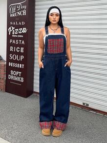SHEIN ICON Combinaison cargo utilitaire à carreaux de couleur contrastée, effet délavé, sans stretch, pour la mode de rue décontractée, tailles grandes, pour l'été