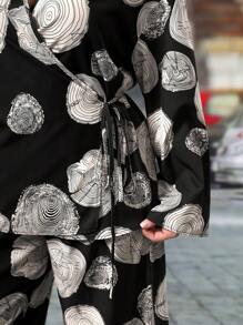 SHEIN LUNE 大码女式宽松复古艺术圆形花卉印花领上衣和加长裤 2 件套 - 彩色 - 查看 5