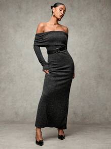 SHEIN BAE Women's Solid Color Off-Shoulder Elegant Fashion Long Sleeve Dress