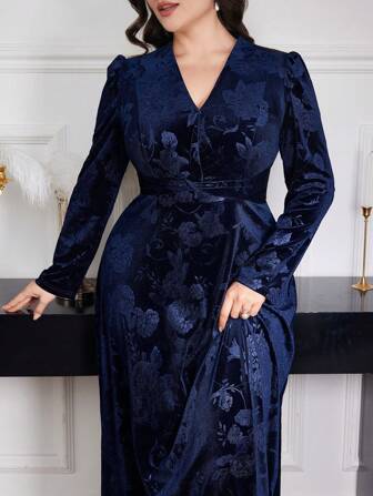 Modelyn Plus Size Women Floral Jacquard V-Neck Puff Sleeve Elegant Dress Long Evening Dresses