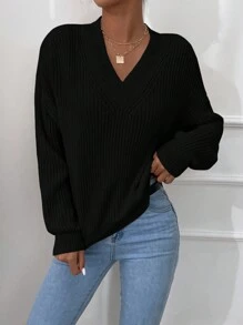 EURMUSE Women's Solid Color Drop Shoulder Sweater - Black - View 4