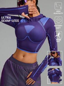 Innovista 女士紫色3D提花随机线条高弹无缝户外运动卫衣，运动套装，卫衣，跑步，健身日常穿着，女士卫衣，秋季女装，秋季卫衣，露营，户外，秋冬女装，保暖，滑雪秋季新款女式实用时尚，清凉服饰系列 - 紫色 - 查看 6