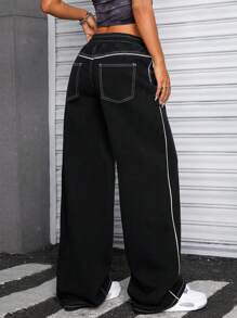 SHEIN ICON Jeans anchos de pierna ancha casuales con estampado de letras en el bolsillo, estilo Y2K streetwear para mujer