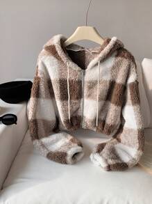 Muchica 女式休闲拼色格子抽绳连帽常规夹克，秋冬 - 卡其色 - 查看 4