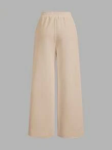 SHEIN EZwear 2pcs Women's Casual Solid Color Wide Leg Sweatpants - Khaki - View 4