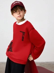 SHEIN Leap Crew Áo nỉ cổ tròn in họa tiết chữ và đồ họa thường ngày cho bé trai tuổi mới lớn, Giáng sinh, Đỏ, Đen, Mùa đông - Đỏ - Xem 7