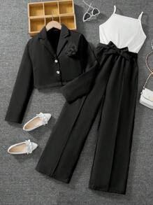 2pcs Teen Girl Elegant Casual/Commuter Suit, Cropped Knit Vest & High-Waisted Pants With Belt - Black - View 1