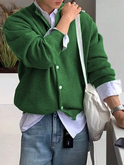 Manfinity Hypemode Effen herencardigan met knoopsluiting, herfst- en winterse back-to-school effen donkergroene, dikke, casual urban cardigan, voor echtgenoot, cadeau voor vriend, top met lange mouwen