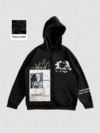 Street Life Sudadera con capucha con cremallera adelante con gráficos e impresión de letras bordadas para hombre