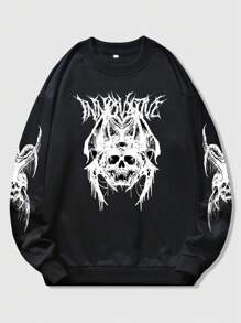 ROMWE MEN Goth Men Skull & Letter Graphic Sweatshirt, School - Black - View 1