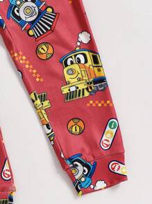 2pcs Young Boys Red Simple Train Print Long Sleeve Snug Fit Lounge Set - Red - View 7
