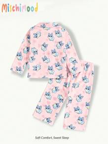 2 piezas Pijama casual de niña bebé/pequeña con estampado de animal lindo, conjunto de top de manga larga y pantalones con fondo rosa, ropa cómoda para estar en casa - Rosa - Ver 2