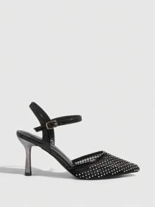 CUCCOO SZL 女士尖头水钻装饰金属细高跟鞋，性感黑色网眼露背夜店派对鞋 - 黑色 - 查看 7