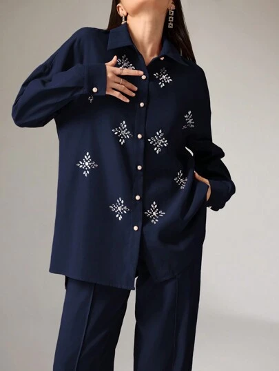 Heiryn 2件套 女士雪花图案水钻装饰上衣和裤子 2件套