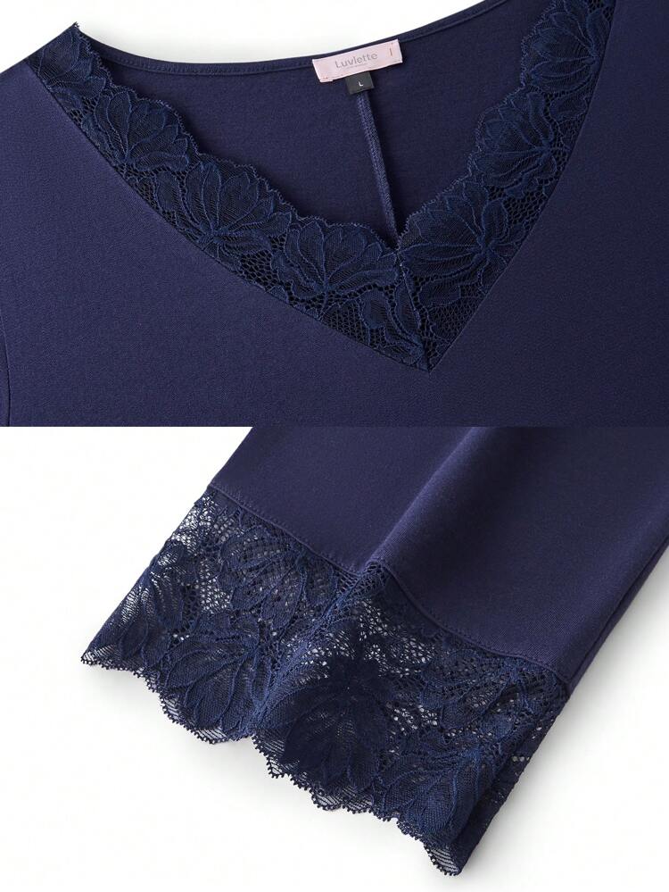 Ciemnoniebieska, miękka, 100% czystej bawełny, koszula nocna z dekoltem w serek, koronką i eleganckim wykończeniem, z długim rękawem, bielizna i piżama