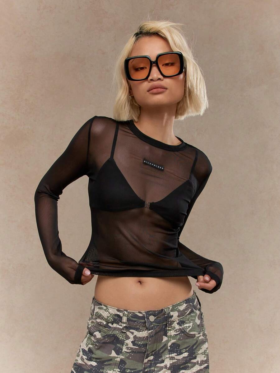 MISSGUIDED Áo thun tay dài lưới mỏng có nhãn logo - màu đen - Xem 1