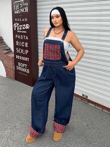 SHEIN ICON Combinaison cargo utilitaire à carreaux de couleur contrastée, effet délavé, sans stretch, pour la mode de rue décontractée, tailles grandes, pour l'été