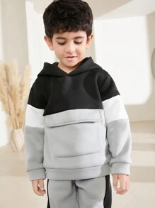 SHEIN Bộ 2 áo hoodie và quần túi màu tương phản cho bé trai thường ngày - Nhiều màu - Xem 3