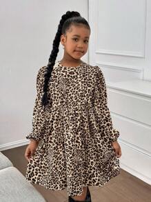 SHEIN Leap Crew Tween Girl Oversized Casual Leopard Print Dress With Bow Decor At Back, Suitable For Autumn & Winter - Multicolor - View 2