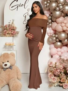 Loomaby Pregnant Women Off-Shoulder Fishtail Baby Shower Dress For Maternity - Brown - View 6