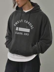 DAZY 男士秋季字母印花落肩长袖抽绳连帽运动衫 - 灰色 - 查看 7