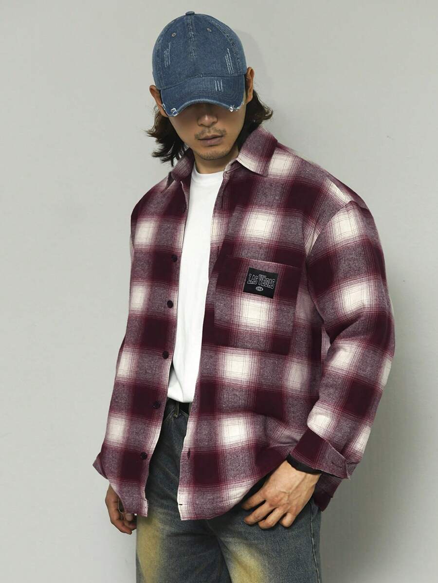 DAZY Men's Plaid Pattern Print Pocket Patched Casual Long Sleeve Shirt,Fall Clothes