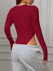 SHEIN EZwear 1件女士酒红色针织连体衣，性感长袖 - 酒紅色 - 查看 2