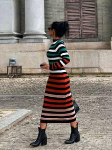 SHEIN Clasi Women Elegant Colorblock Striped Knitted Long Dress Maxi Sweater Dress Fall Cloth For Women